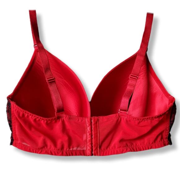 Cacique Red Black Satin Lace Demi Push Up Bra 44DD Plunge Vamp Full Figure - Picture 3 of 8
